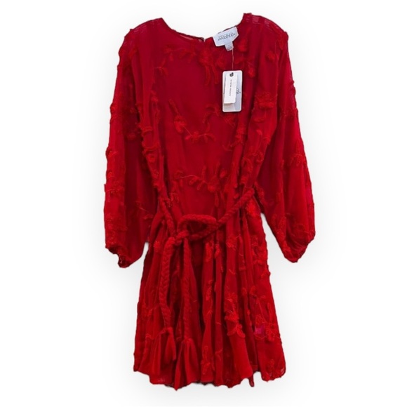 Mare Mare Red Floral Embroidered Long Sleeve Rope Tie Bohemian Mini Dress S NWT - Picture 2 of 10